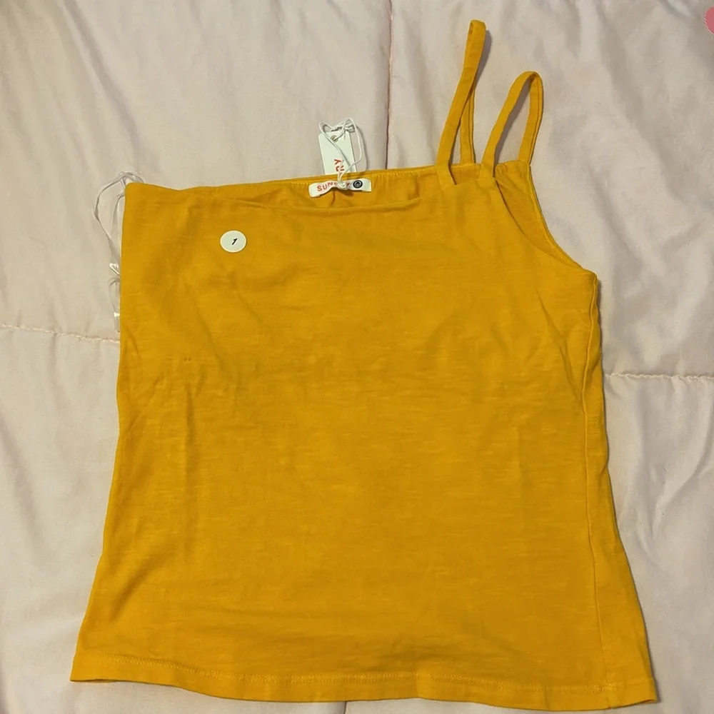 SUNDRY Asymmetrical Strap Cami Tank Top in Mango